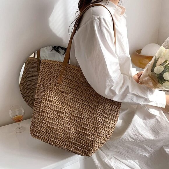 Straw Beach Tote Bag Women's Woven Straw Handbag Summer Shoulder Bag - Picture 5 of 7